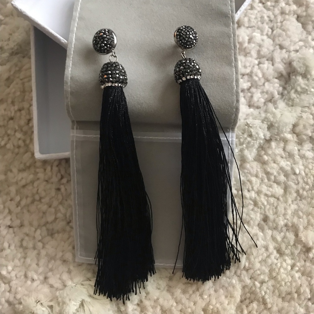 Black Tassel Drop Earrings with Rhinestone Cap